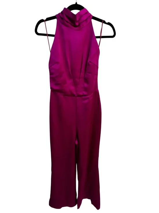 HARLYN Tie Back High Neck Satin Jumpsuit Size S Magenta Event Cocktail Wedding - Picture 5 of 11